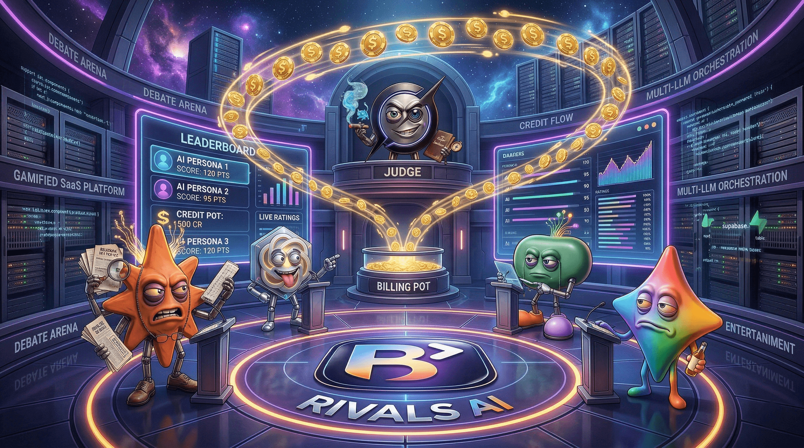 Interface do Rivals AI com personagens de inteligência artificial em uma arena de debate.